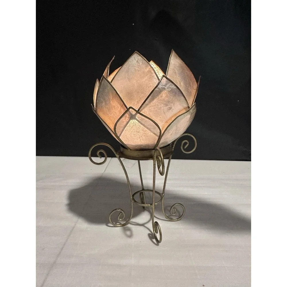 Capiz Shell Lotus Votive Candle Holder Gold Metal Stand 7